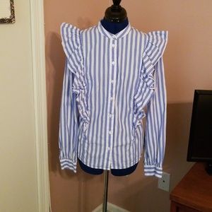 Who What Wear Tops - Who What Wear Blue White Stripe Ruffled Blouse Who What Wear Tops - Who What Wear Blue White Stripe Ruffled Blouse
